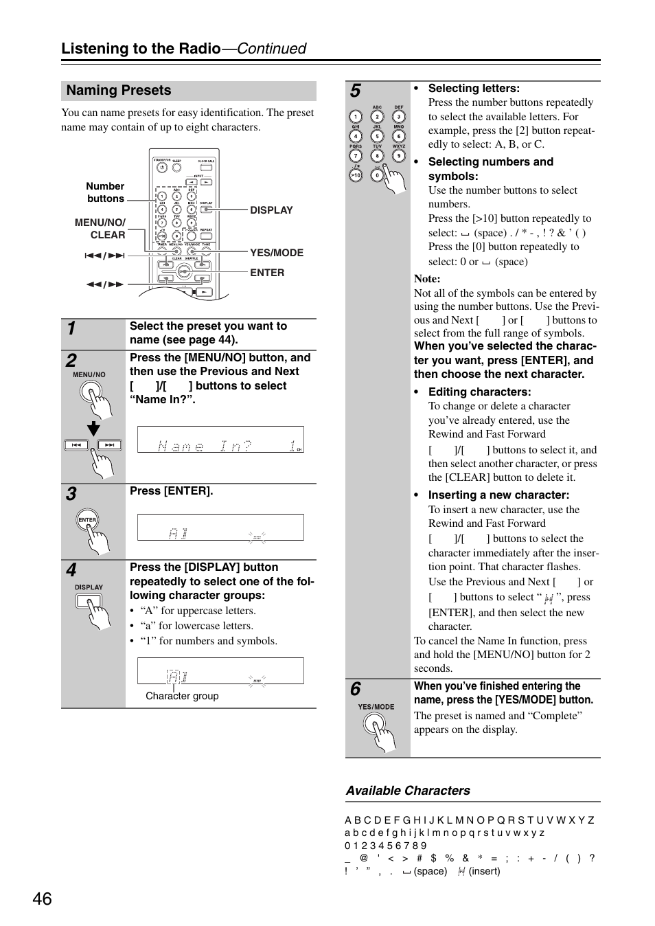 Naming presets, Listening to the radio —continued | Onkyo CR-325 User Manual | Page 46 / 60
