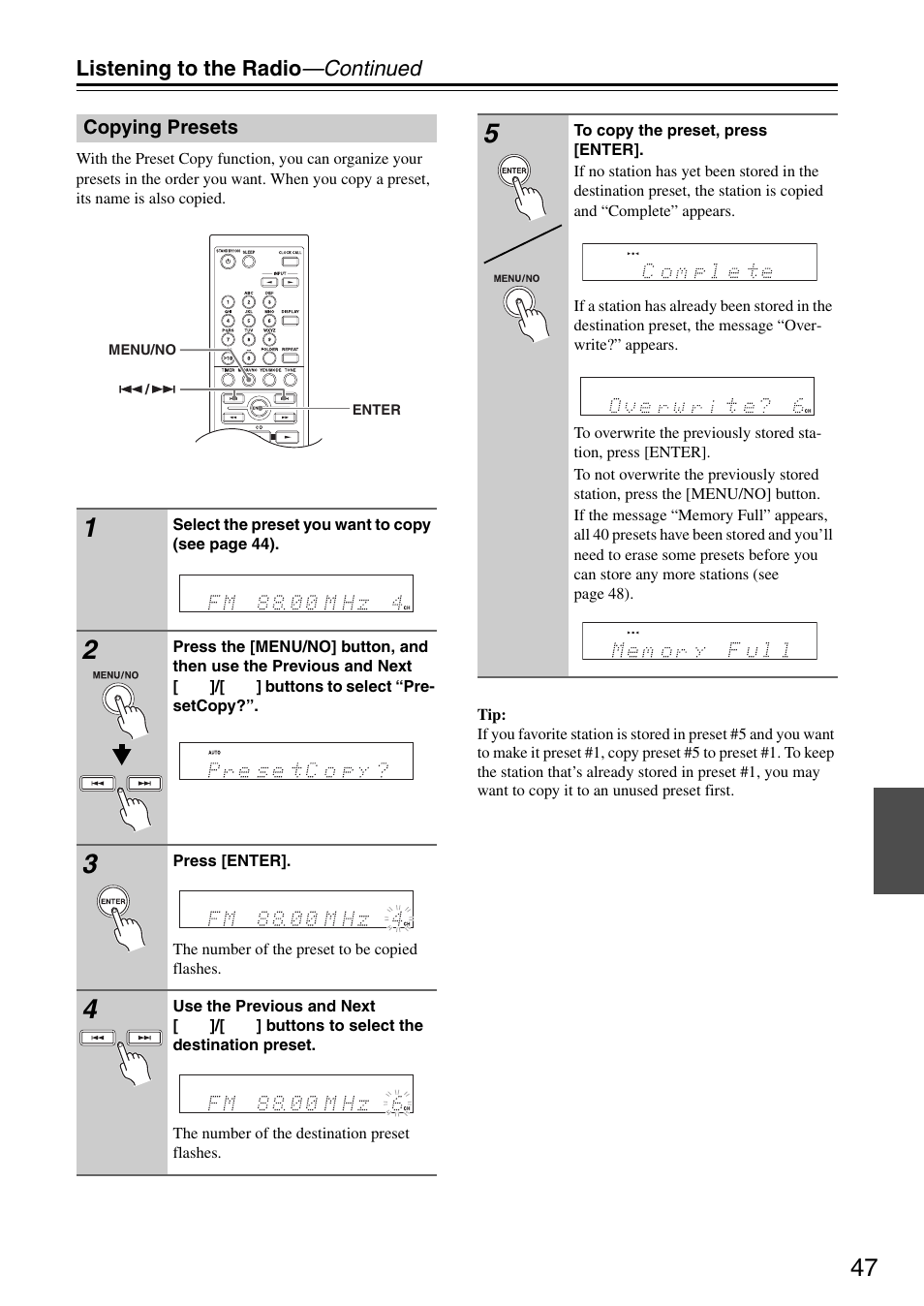 Copying presets | Onkyo CR-325 User Manual | Page 47 / 60