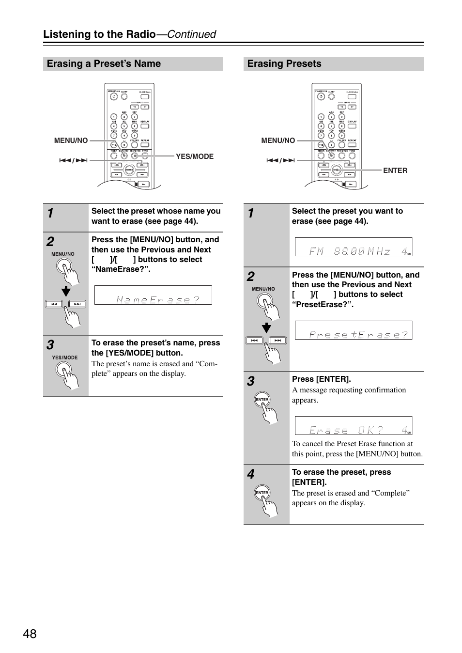 Erasing a preset’s name, Erasing presets | Onkyo CR-325 User Manual | Page 48 / 60
