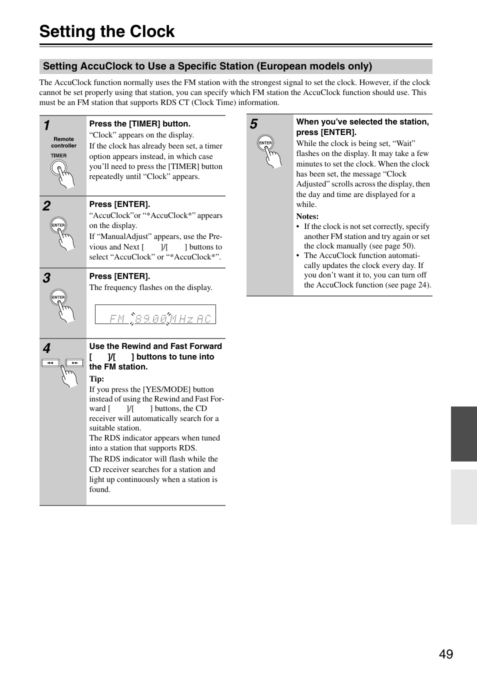 Setting the clock, Setting accuclock to use a specific station, European models only) | Onkyo CR-325 User Manual | Page 49 / 60
