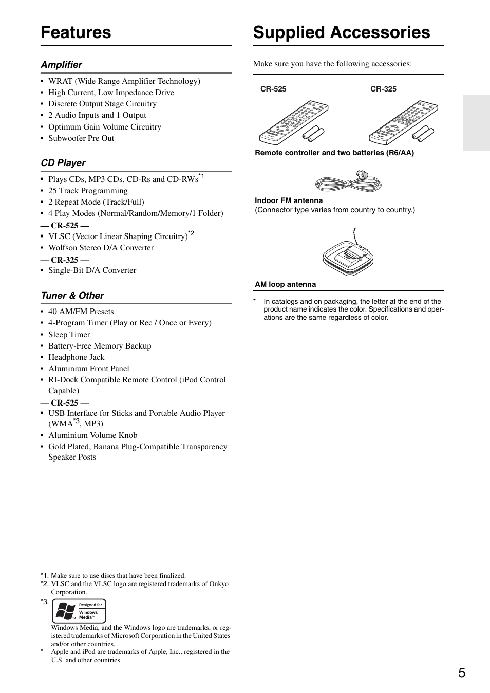 Features, Supplied accessories | Onkyo CR-325 User Manual | Page 5 / 60