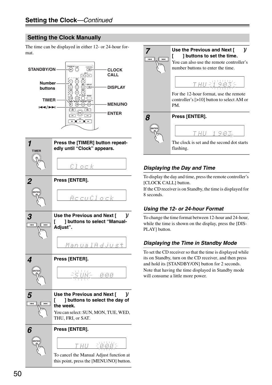 Setting the clock manually, Setting the clock —continued | Onkyo CR-325 User Manual | Page 50 / 60