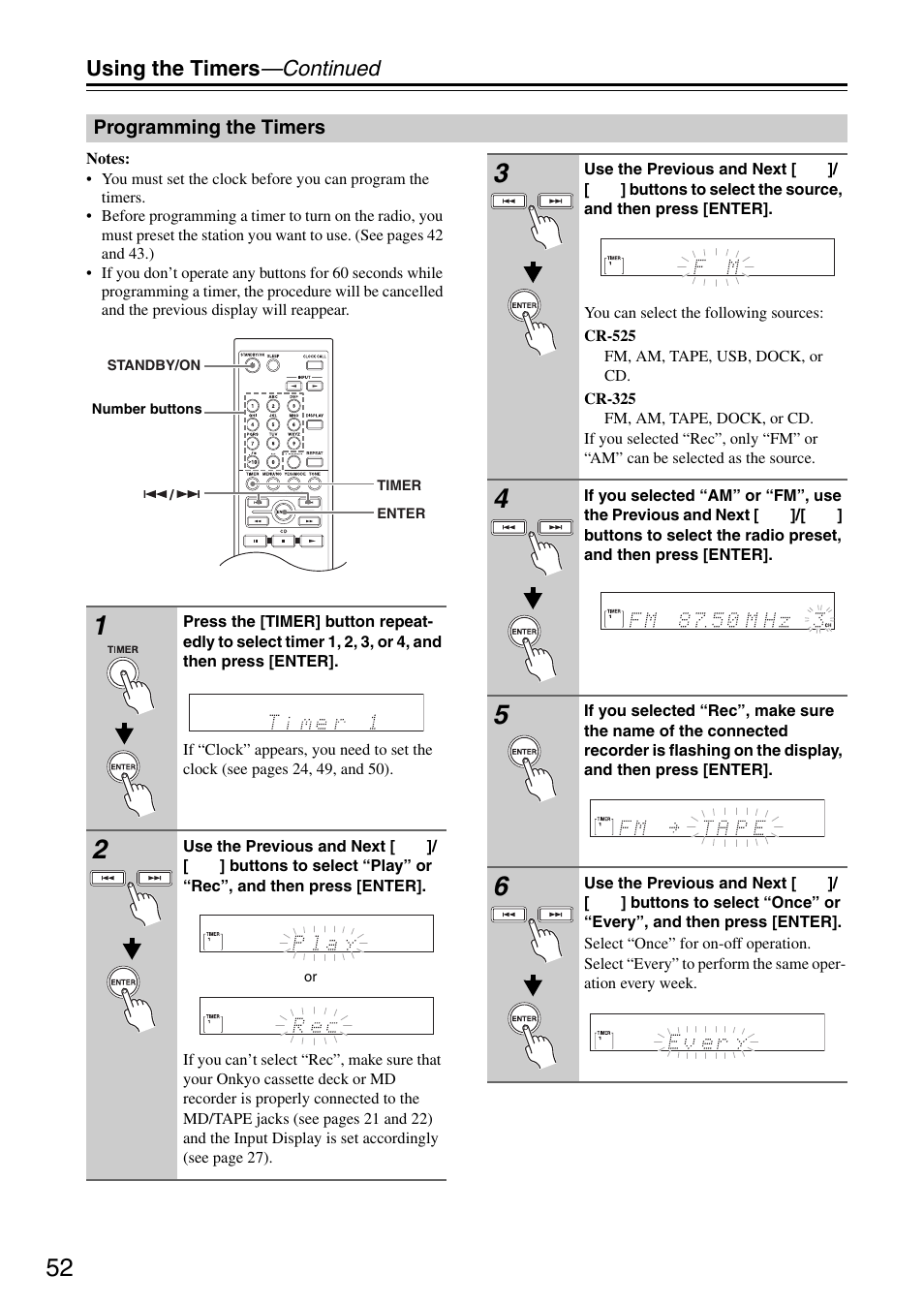 Programming the timers, Using the timers —continued | Onkyo CR-325 User Manual | Page 52 / 60