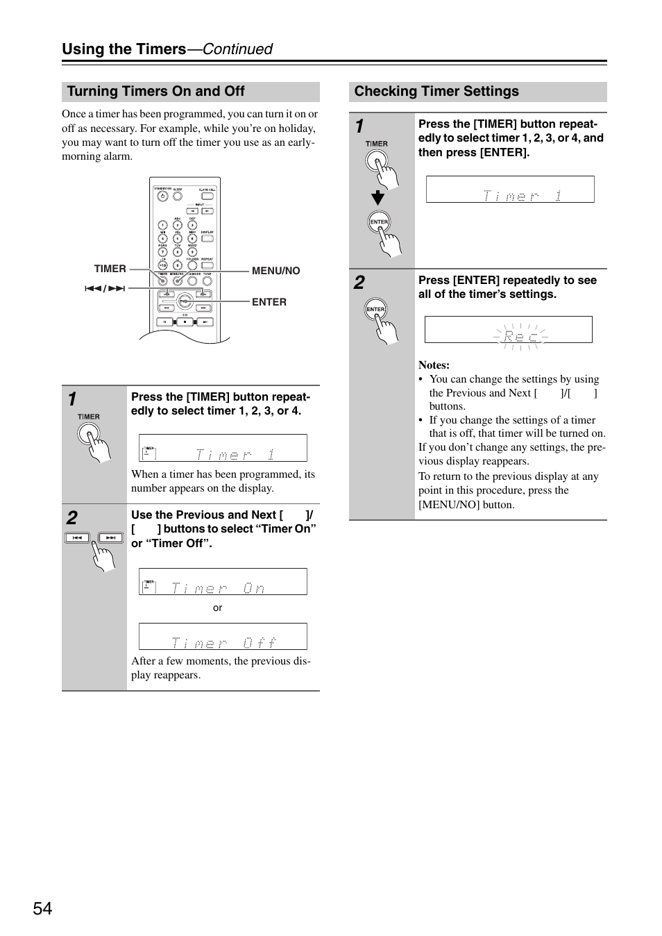 Turning timers on and off, Checking timer settings, Turning timers on and off checking timer settings | Using the timers —continued | Onkyo CR-325 User Manual | Page 54 / 60