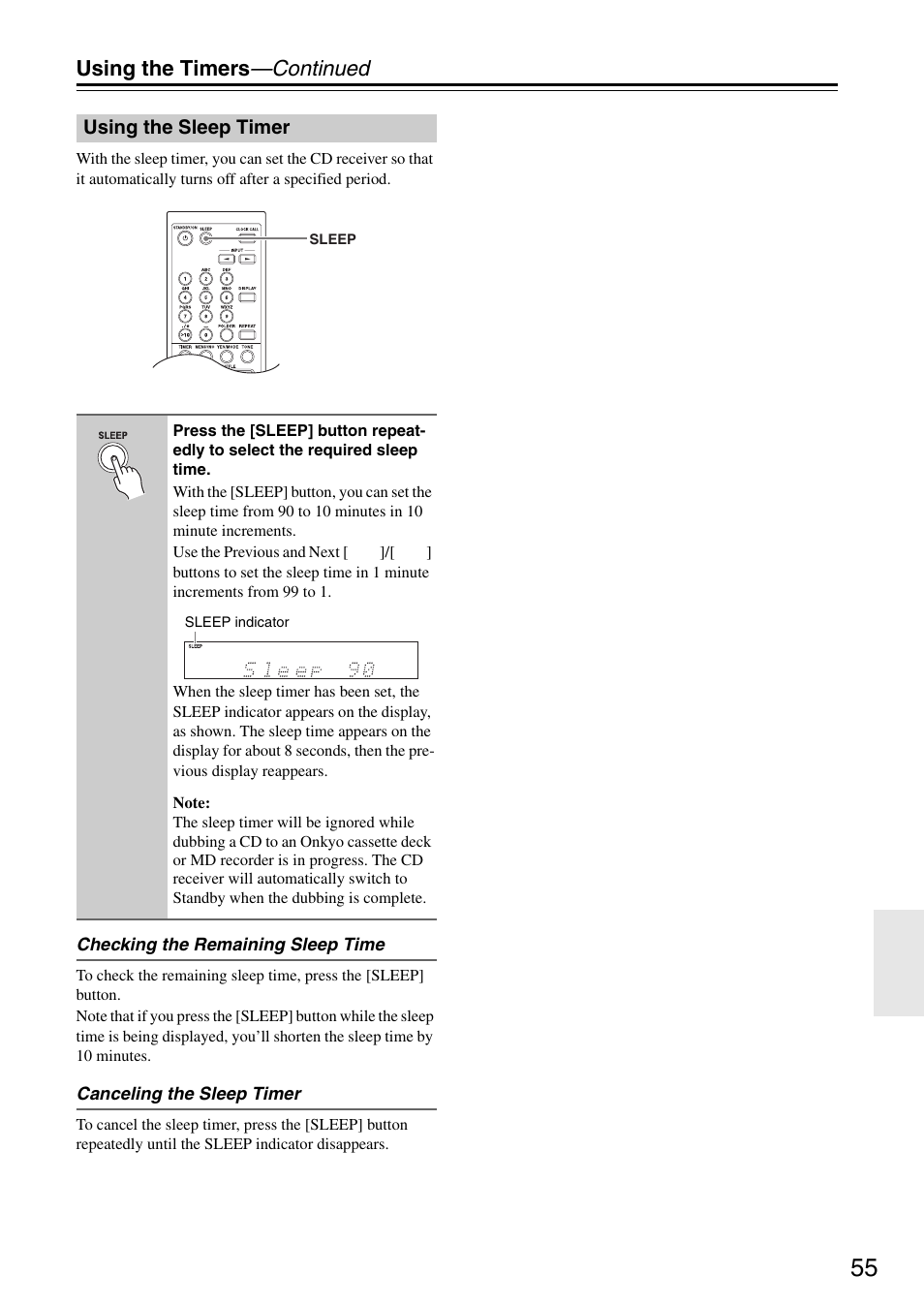 Using the sleep timer, Using the timers —continued | Onkyo CR-325 User Manual | Page 55 / 60