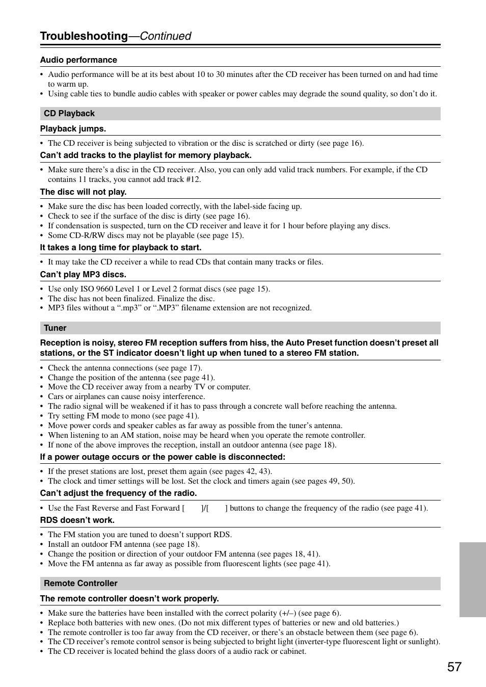 Troubleshooting —continued | Onkyo CR-325 User Manual | Page 57 / 60
