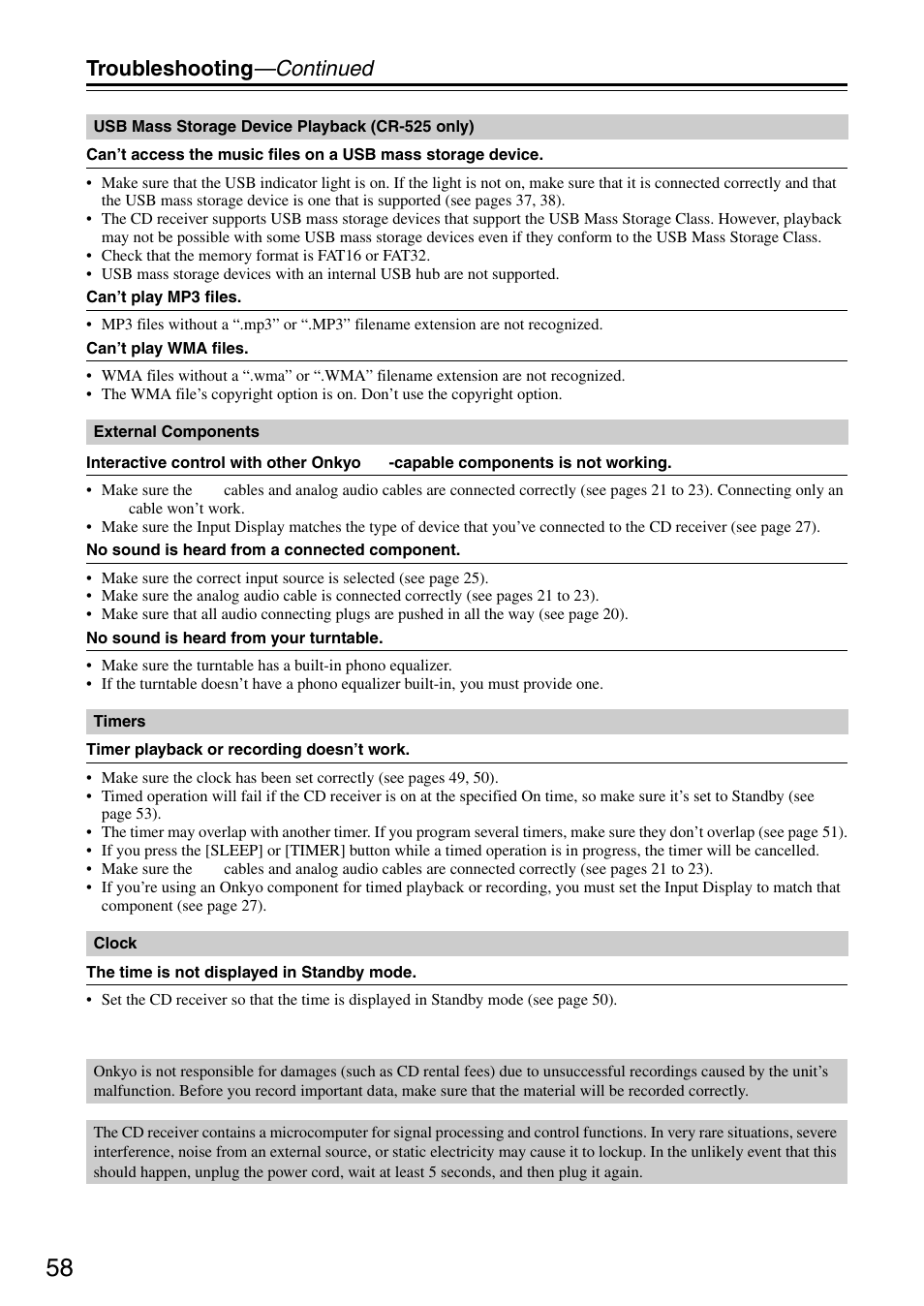 Troubleshooting —continued | Onkyo CR-325 User Manual | Page 58 / 60