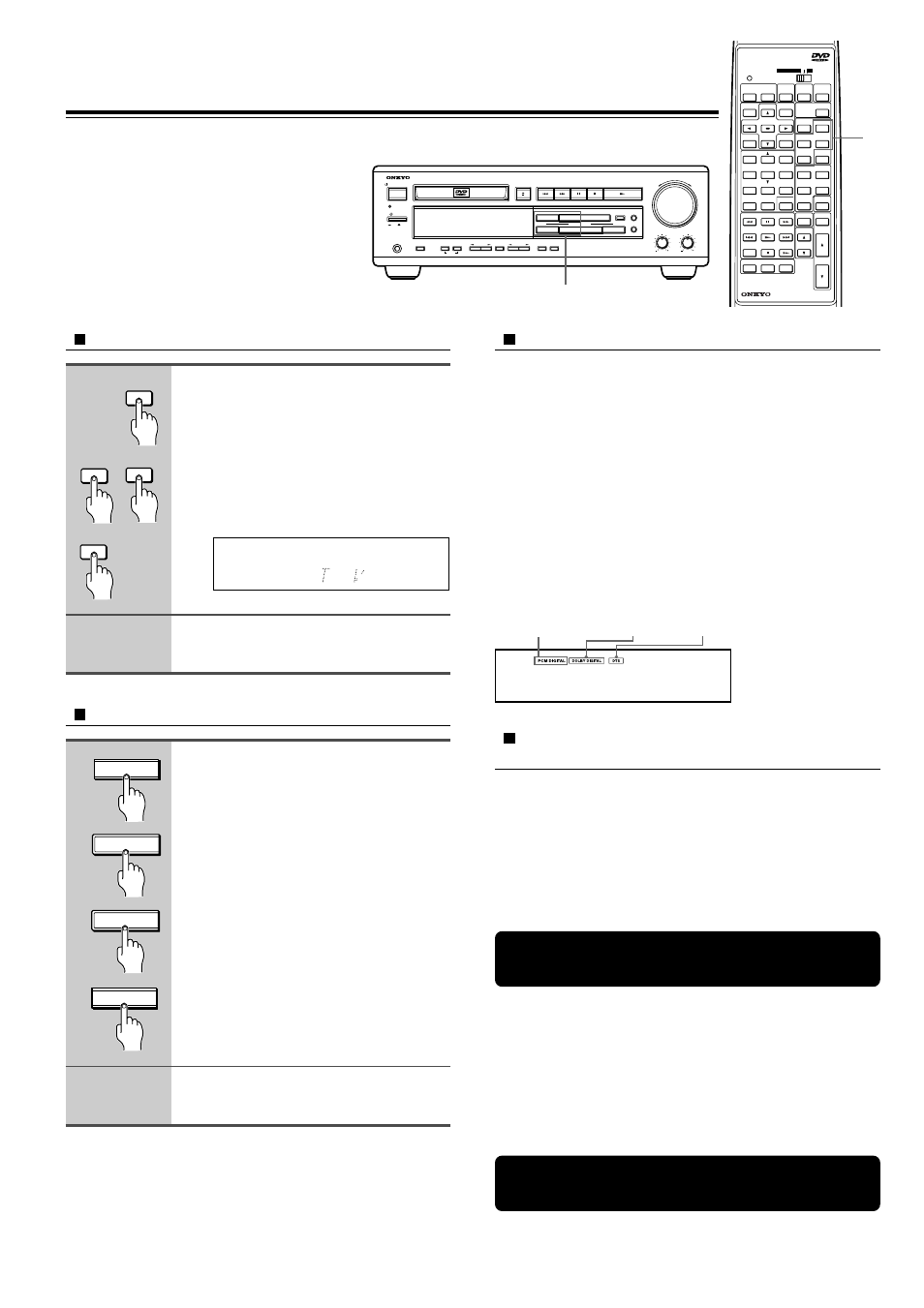 Playing the connected source, Operating with the remote controller, Operating with the dvd receiver | About digital sound, Start playing the selected source, Tv • tape • video 1 • video 2, Tv • tape/md • video 1 • video 2, See page 30, When tv is selected, Pcm digital dolby digital dts | Onkyo DR-90 User Manual | Page 28 / 68