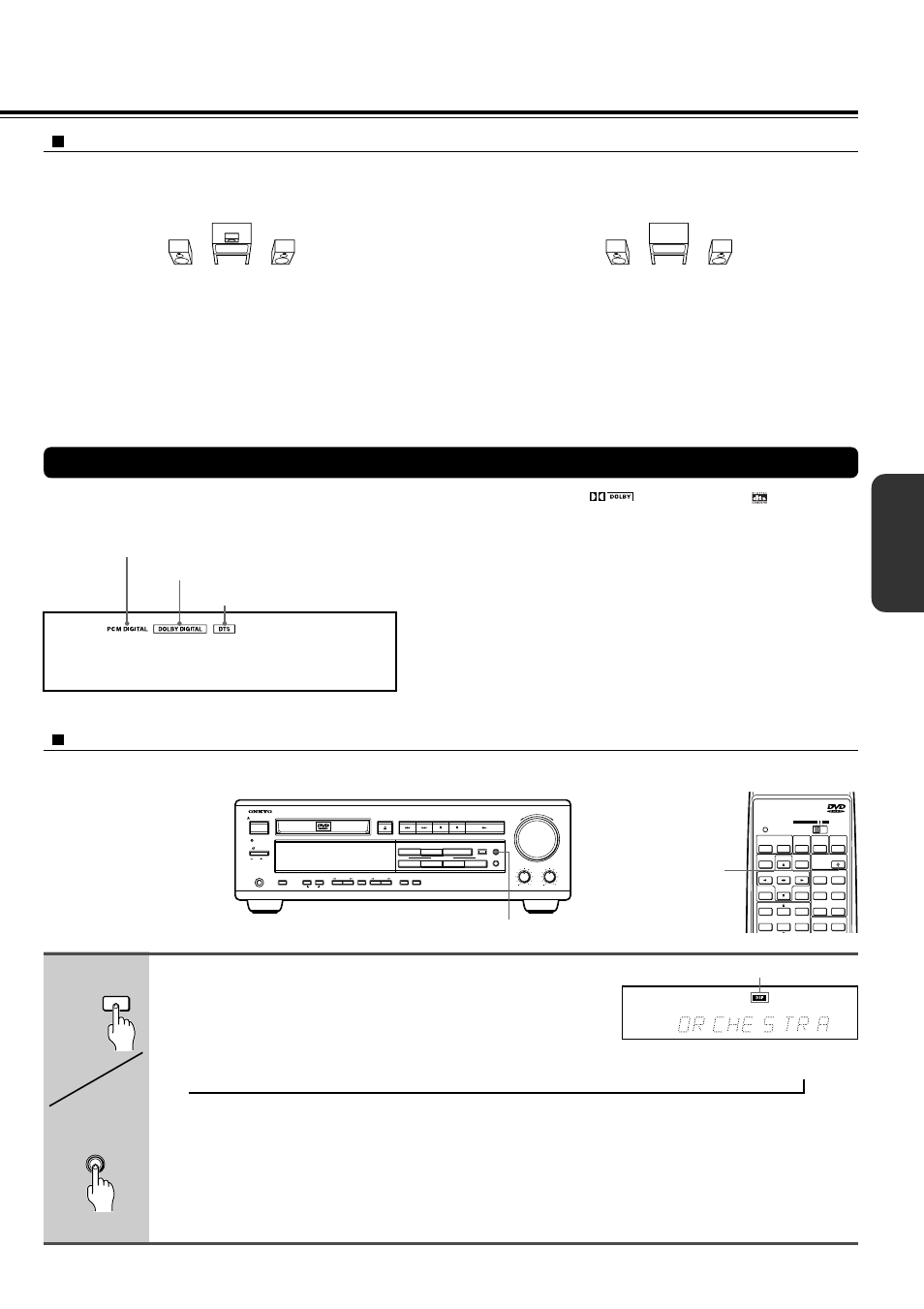Selecting the sound effect, Basic operation, Dolby 3 stereo | Stereo, The following modes are available, Continued on next page.), Left front speaker right front speaker, Dsp indicator | Onkyo DR-90 User Manual | Page 31 / 68