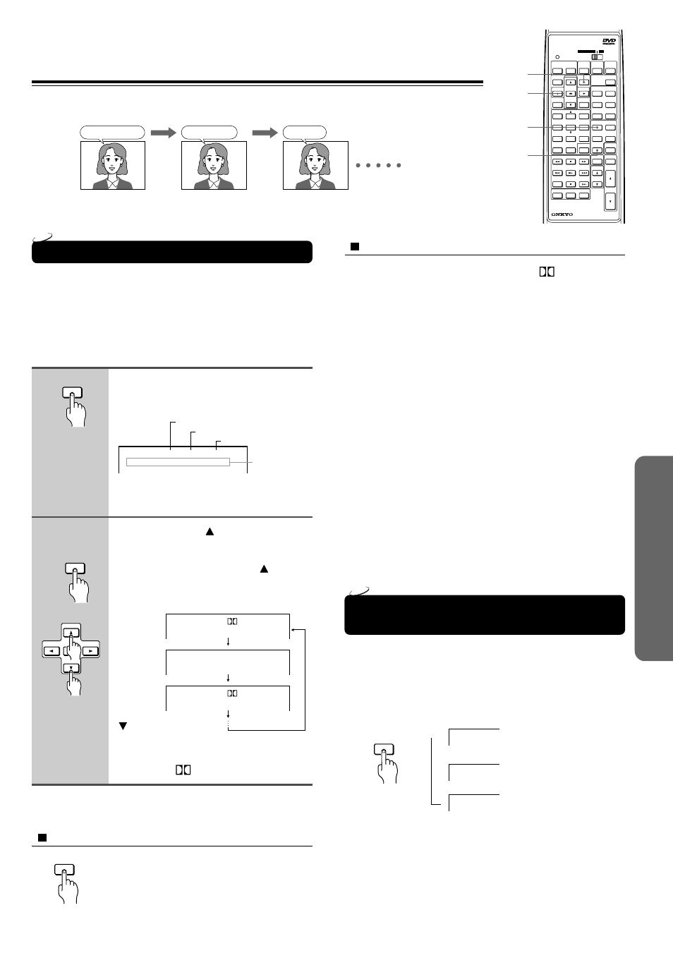 Selecting a playback audio setting, Selecting sound channels of video cds, Adv anced d vd/video cd/ a udio cd operation | About recording systems, Press audio during playback, Press clear | Onkyo DR-90 User Manual | Page 39 / 68