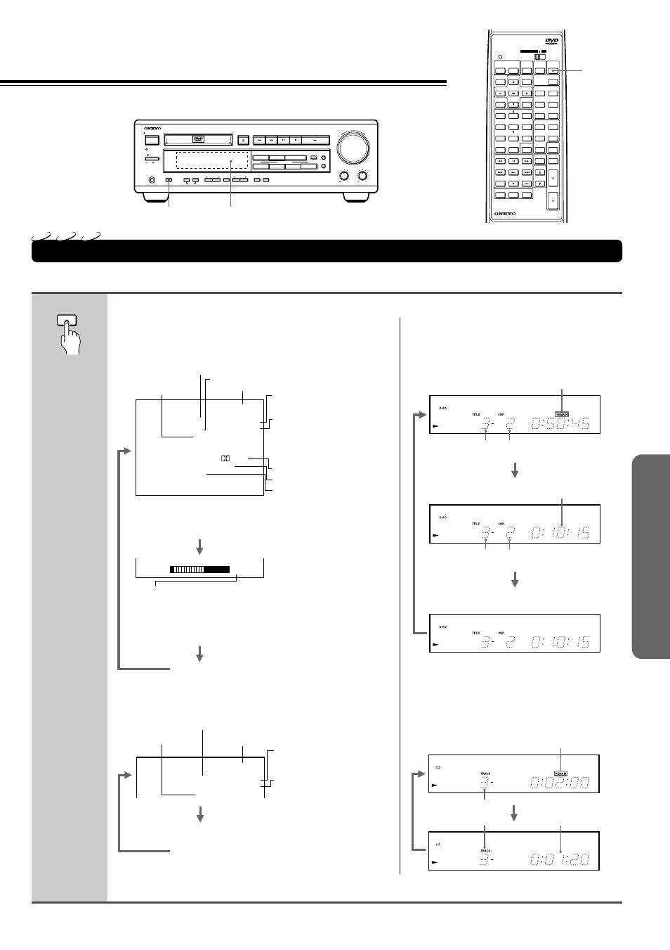 Checking the remaining time and setting status, Adv anced d vd/video cd/ a udio cd operation, Press display during playback | Display, Display display video cd/audio cd, Dvd video turns off. e.g, Elapsed time of the current title | Onkyo DR-90 User Manual | Page 43 / 68