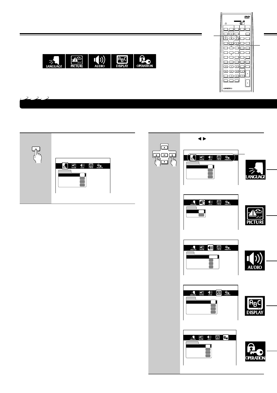 Customizing the function settings, Selecting a setting category, Press setup while the disc is stopped | Press / to select the category, then press enter, The following on-screen display appears, Category | Onkyo DR-90 User Manual | Page 44 / 68