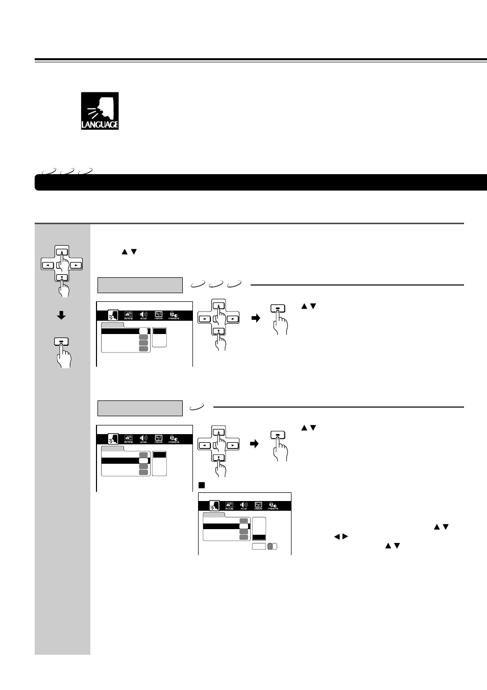 Customizing the function settings (continued), Language setting, Press / to select the item, then press enter | Select a preferred language by pressing, Then press enter | Onkyo DR-90 User Manual | Page 46 / 68