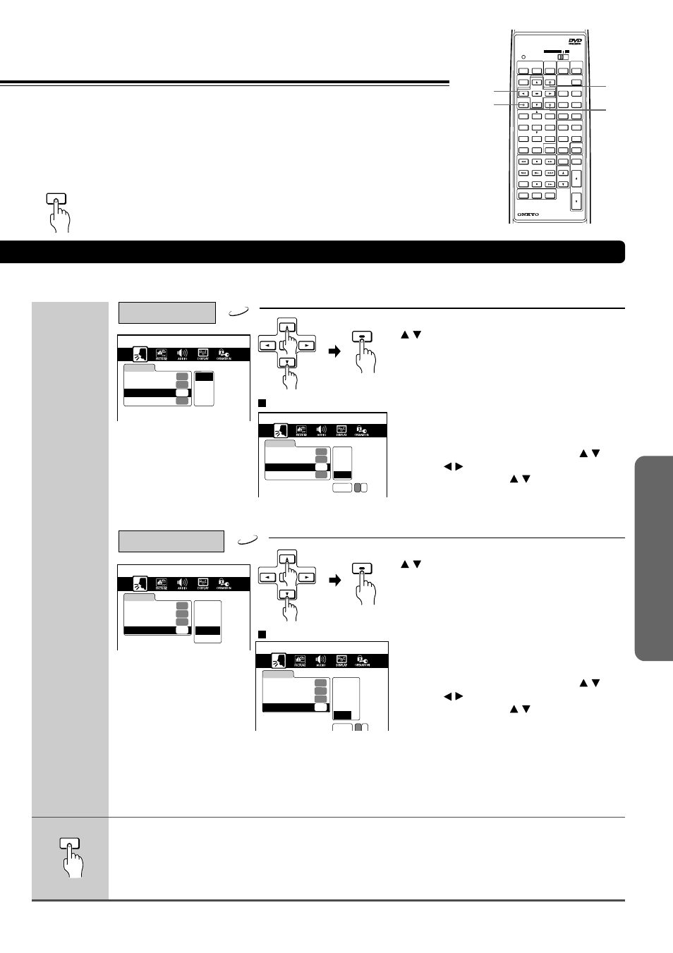 Adv anced d vd/video cd/ a udio cd operation, Press setup, Select a preferred language by pressing | Then press enter, Audio language, Subtitle language, The setting menu disappears, Continued), Return, Menu | Onkyo DR-90 User Manual | Page 47 / 68