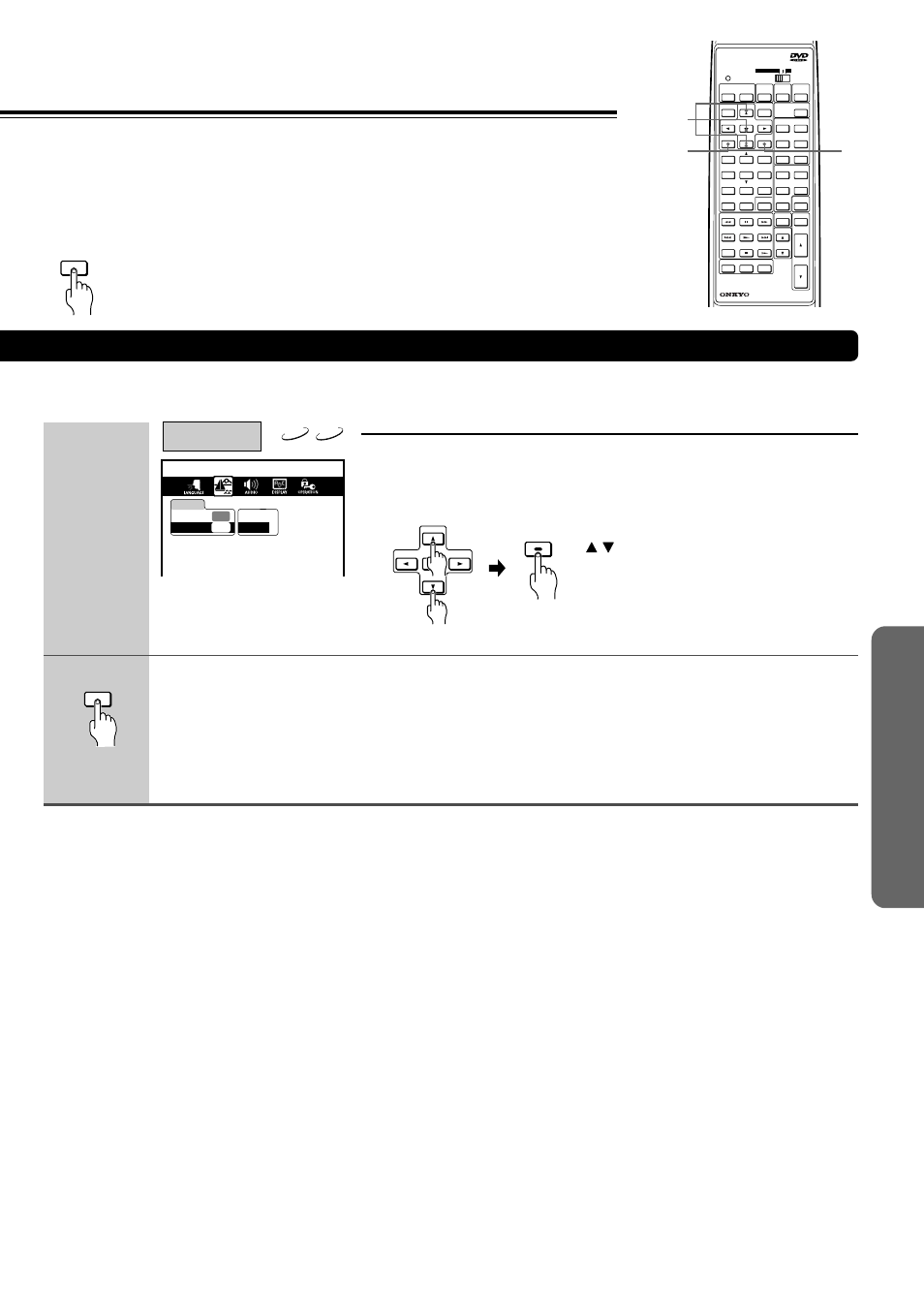 Adv anced d vd/video cd/ a udio cd operation, Press setup, Select the black level by pressing | Then press enter, Continued), Return | Onkyo DR-90 User Manual | Page 49 / 68