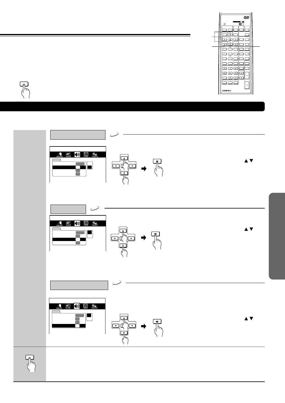 Adv anced d vd/video cd/ a udio cd operation, Press setup, Select "on" or "off" by pressing | Then press enter, The setting menu disappears, Continued), Return | Onkyo DR-90 User Manual | Page 51 / 68