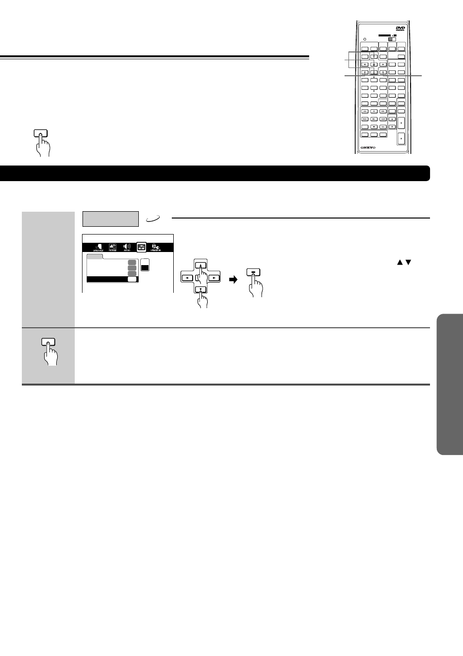 Adv anced d vd/video cd/ a udio cd operation, Press setup, Select "on" or "off" by pressing | Then press enter, The setting menu disappears, Continued), Return | Onkyo DR-90 User Manual | Page 53 / 68
