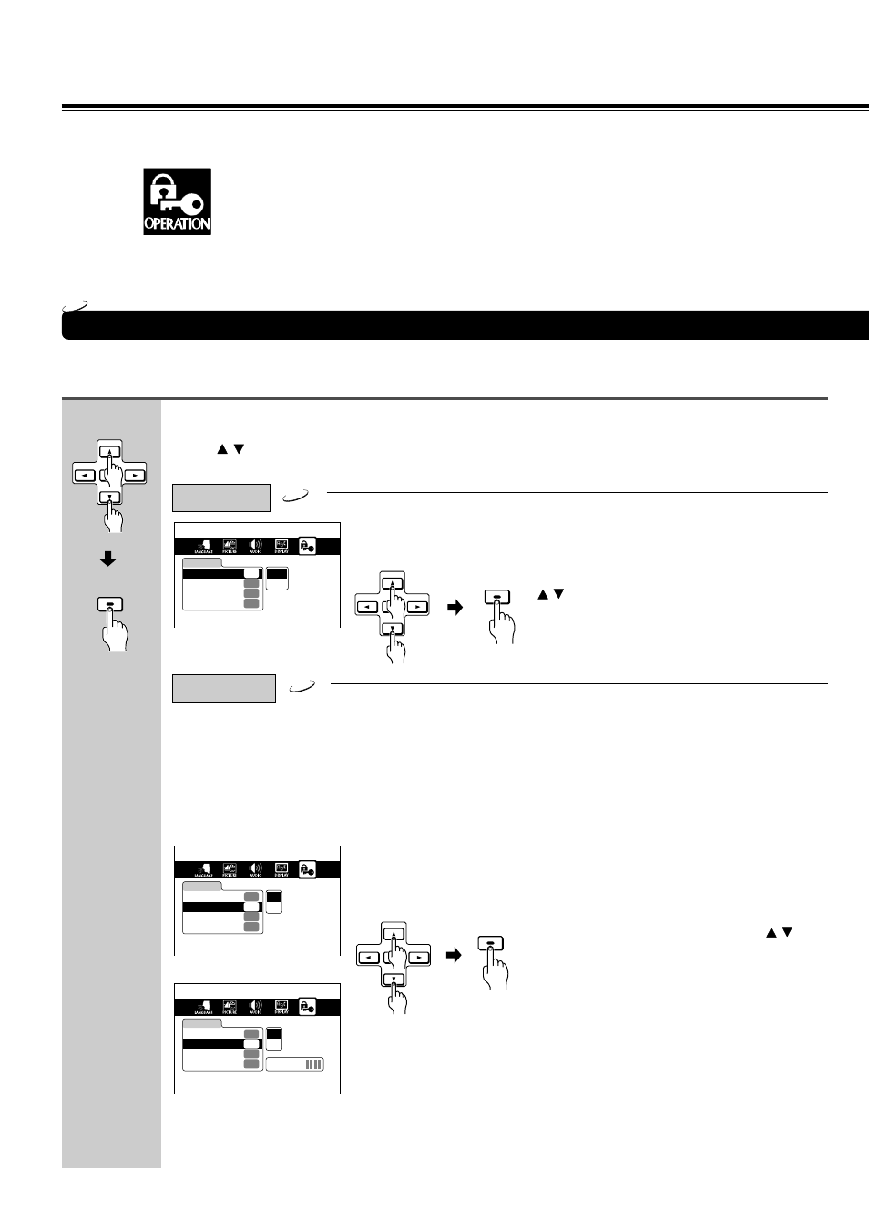 Customizing the function settings (continued), Operation setting, Press / to select the item, then press enter | Select "auto" or "frame" by pressing, Then press enter, Select "on" or "off" by pressing | Onkyo DR-90 User Manual | Page 54 / 68