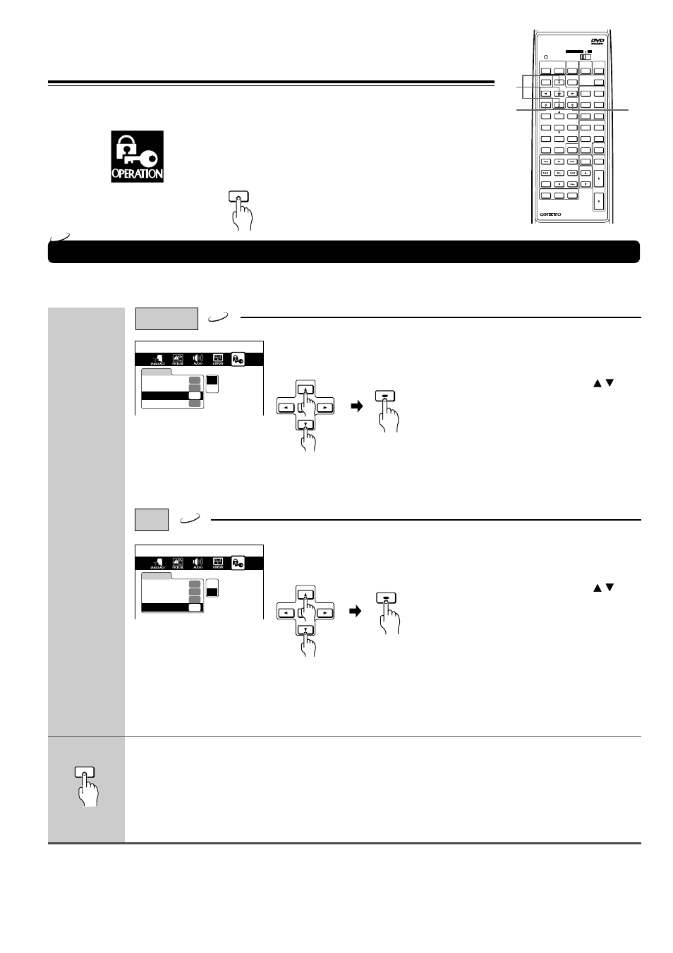 Customizing the function settings (continued), Operation setting (continued), Press setup | Select "on" or "off" by pressing, Then press enter, Title stop, The setting menu disappears, Pbc is the abbreviation for playback control, Continued), Return | Onkyo DR-90 User Manual | Page 56 / 68