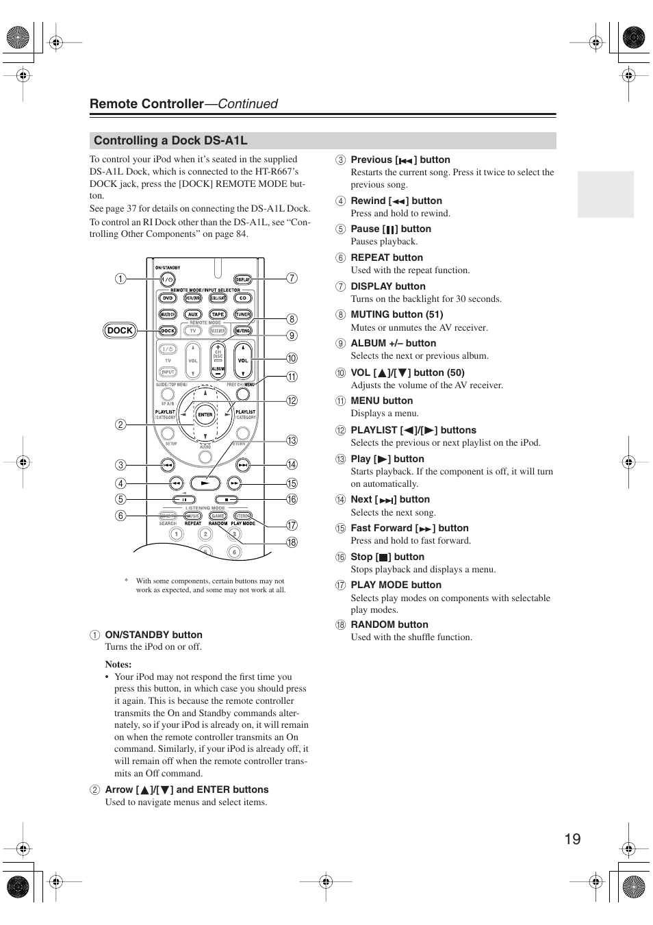 Controlling a dock ds-a1l, Remote controller —continued | Onkyo HT-S6100 User Manual | Page 19 / 100