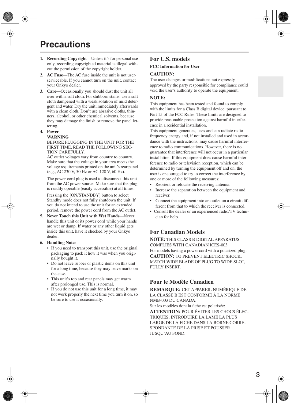 Precautions, For u.s. models, For canadian models | Pour le modèle canadien | Onkyo HT-S6100 User Manual | Page 3 / 100