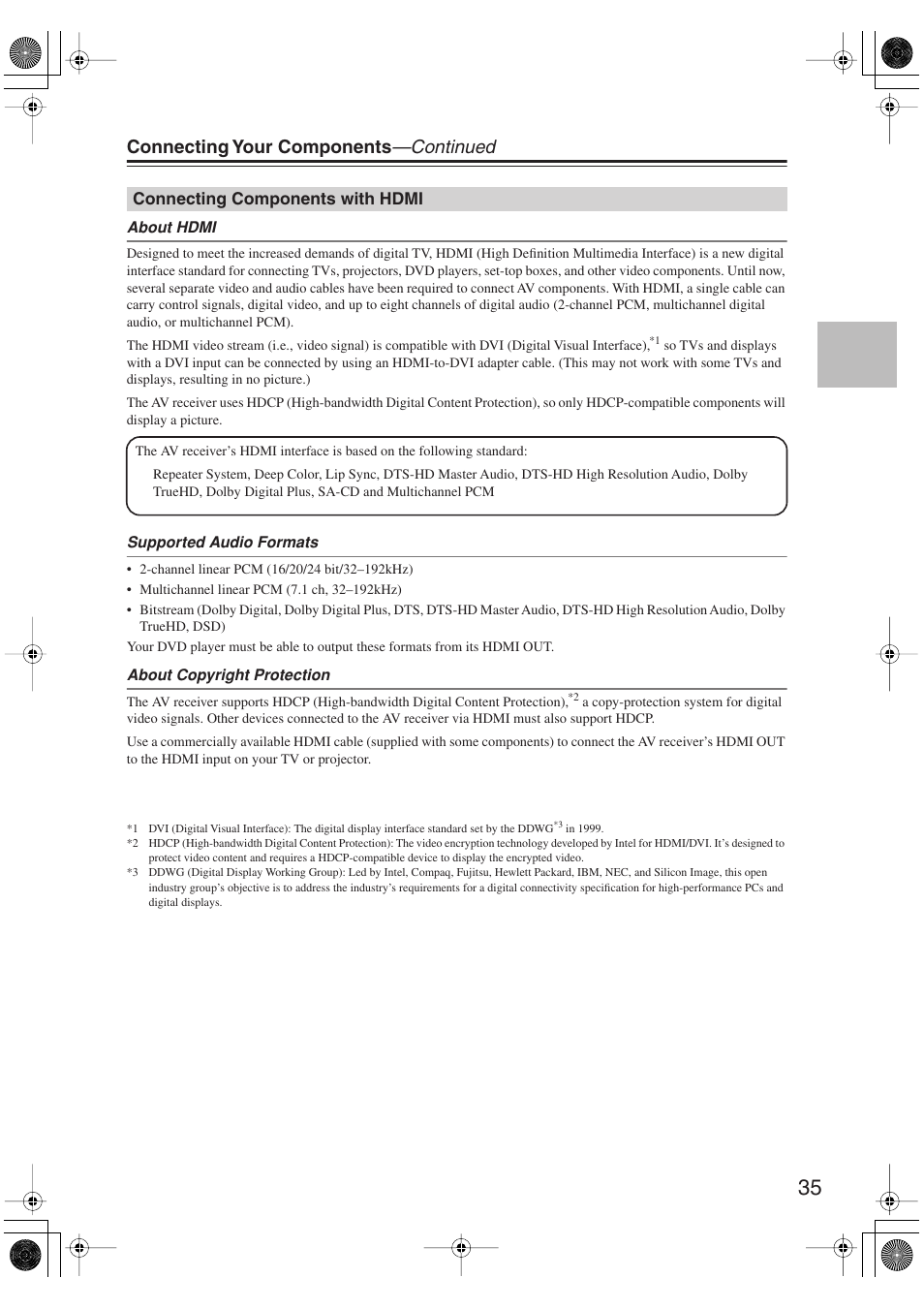 Connecting components with hdmi, Connecting your components —continued | Onkyo HT-S6100 User Manual | Page 35 / 100