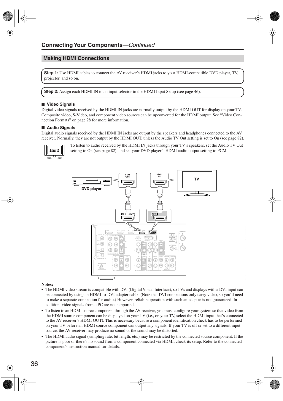 Making hdmi connections, Connecting your components —continued, Dvd player tv | Onkyo HT-S6100 User Manual | Page 36 / 100