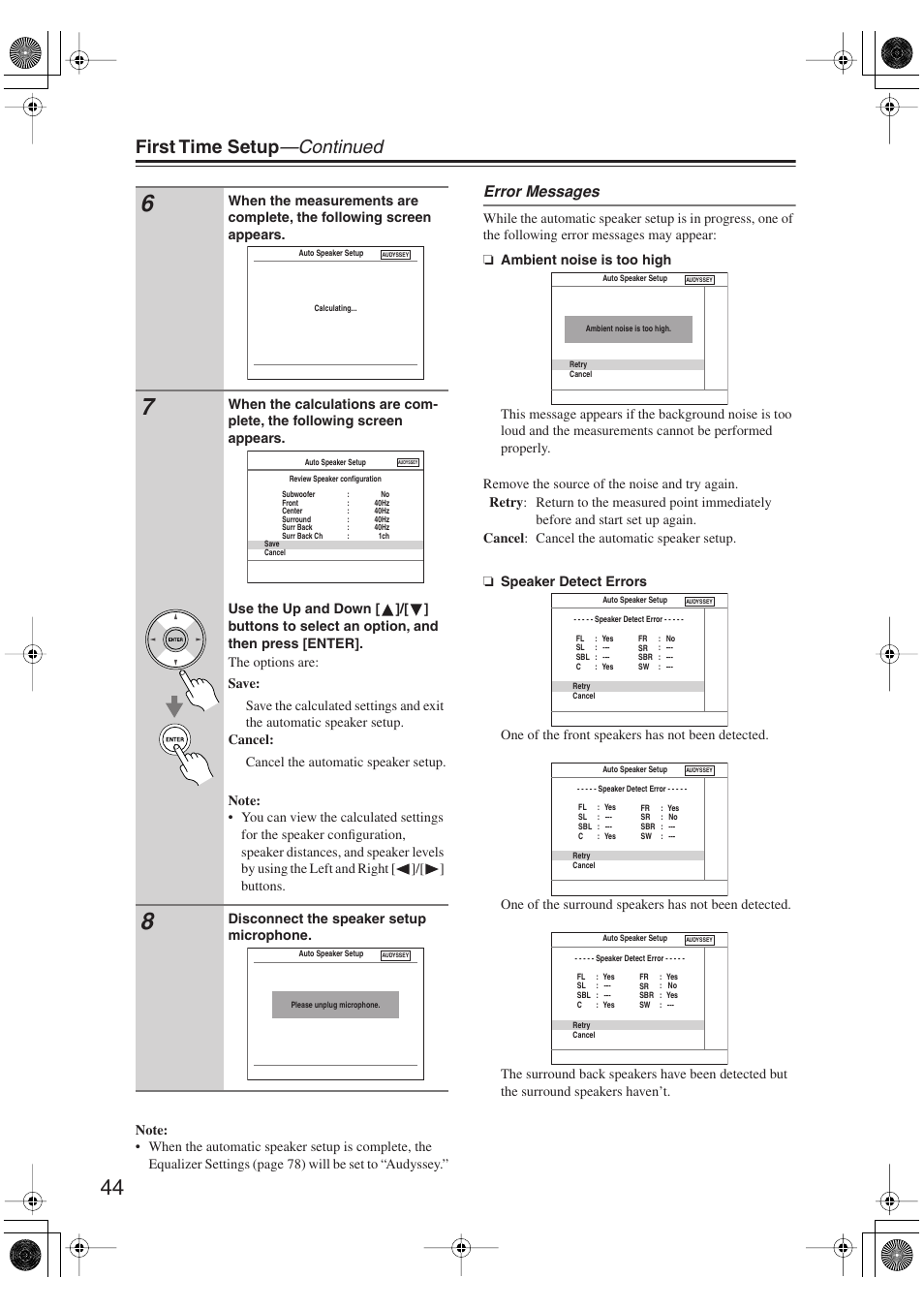 First time setup —continued, Error messages | Onkyo HT-S6100 User Manual | Page 44 / 100