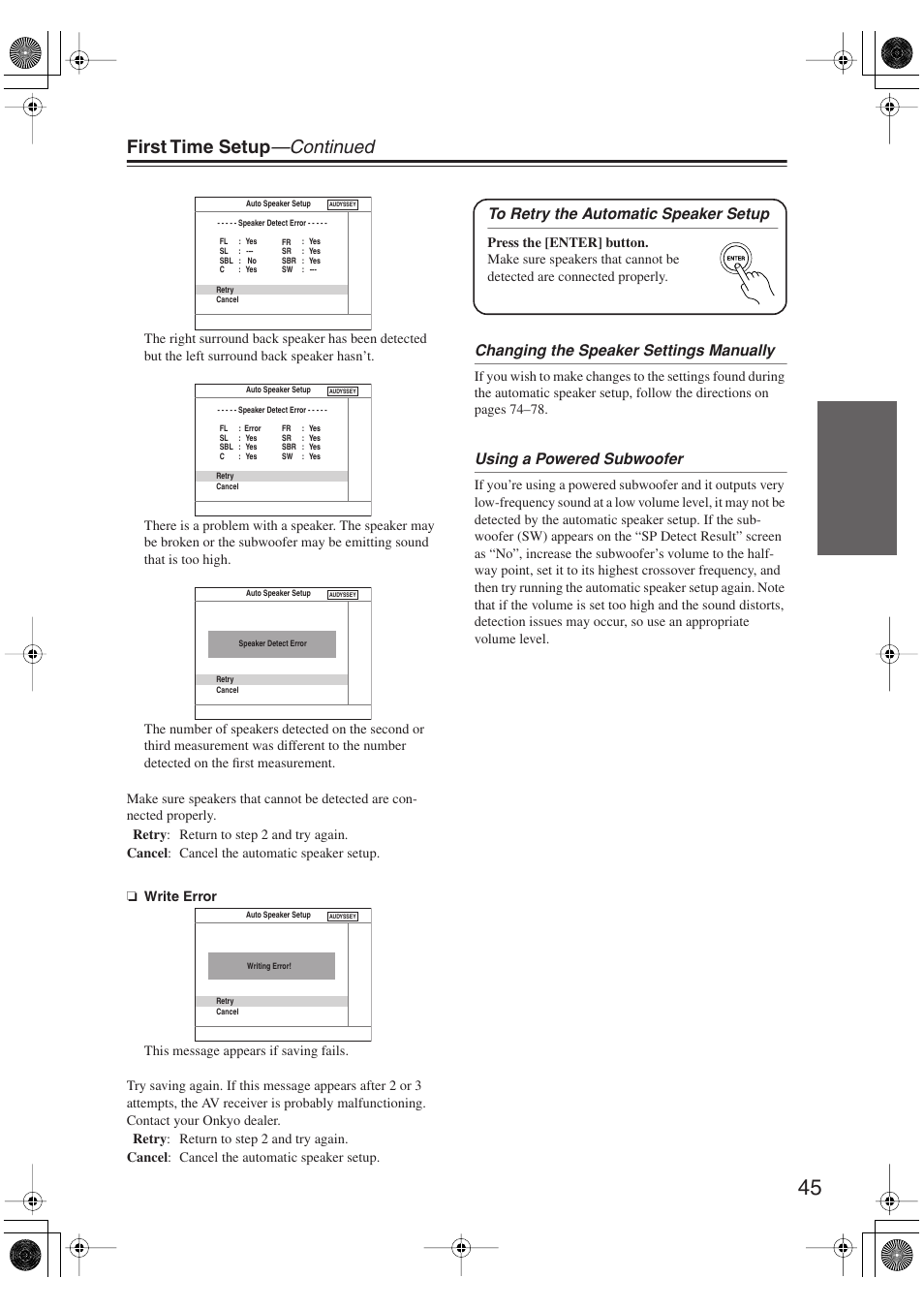 First time setup —continued, Changing the speaker settings manually, Using a powered subwoofer | Onkyo HT-S6100 User Manual | Page 45 / 100