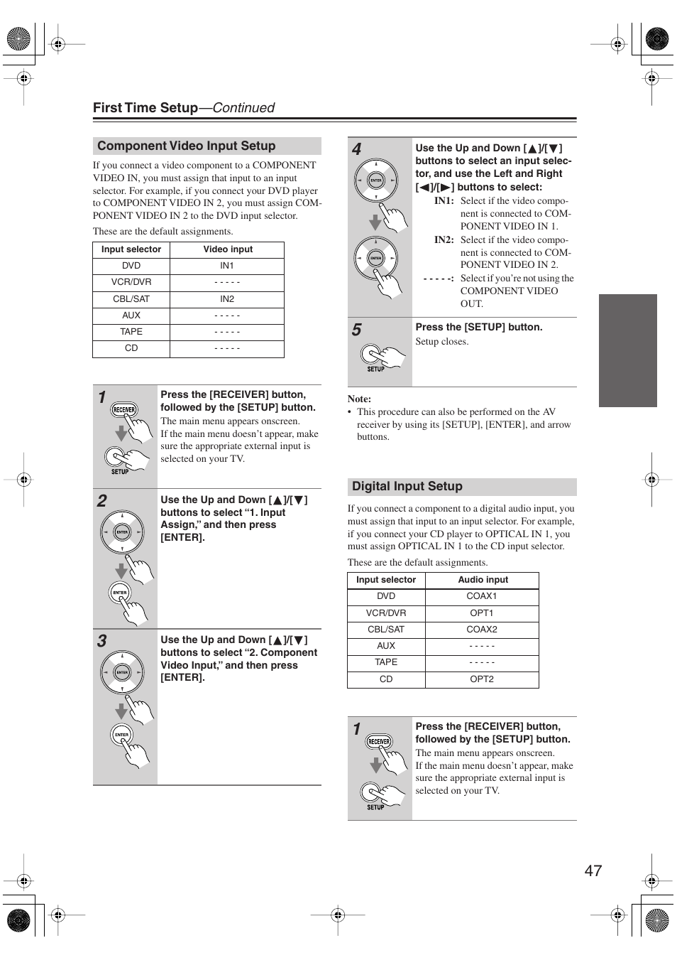 Component video input setup, Digital input setup, Component video input setup digital input setup | First time setup —continued | Onkyo HT-S6100 User Manual | Page 47 / 100