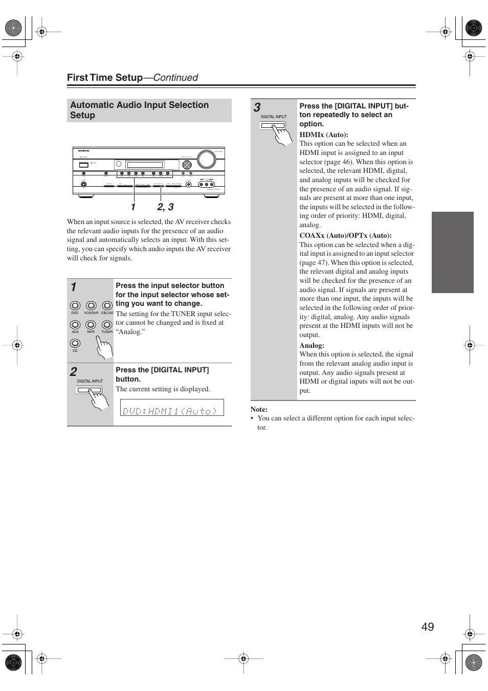 Automatic audio input selection setup, Utton (49), First time setup —continued | Onkyo HT-S6100 User Manual | Page 49 / 100