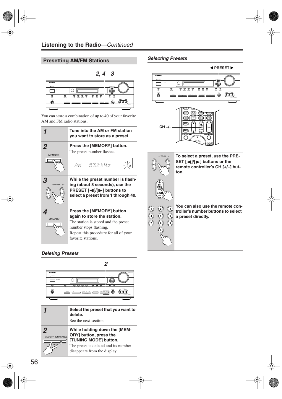 Presetting am/fm stations, Utton (56), Listening to the radio —continued | Deleting presets selecting presets | Onkyo HT-S6100 User Manual | Page 56 / 100