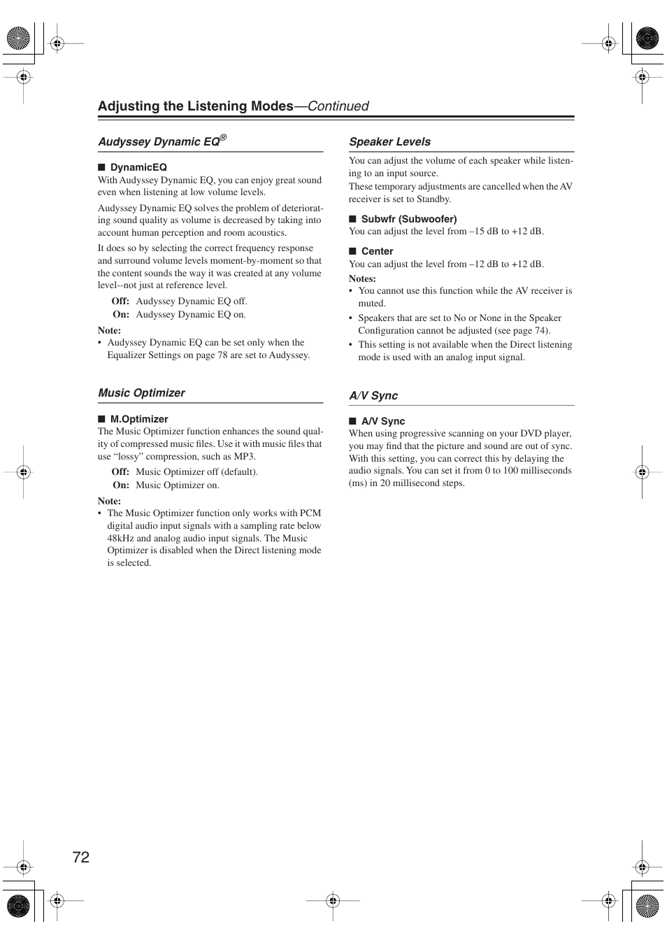 Adjusting the listening modes —continued | Onkyo HT-S6100 User Manual | Page 72 / 100