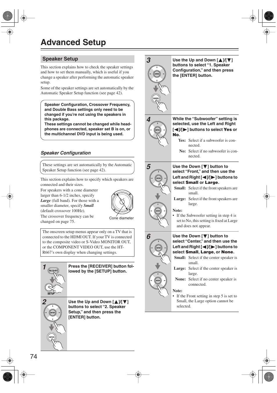 Advanced setup, Speaker setup | Onkyo HT-S6100 User Manual | Page 74 / 100