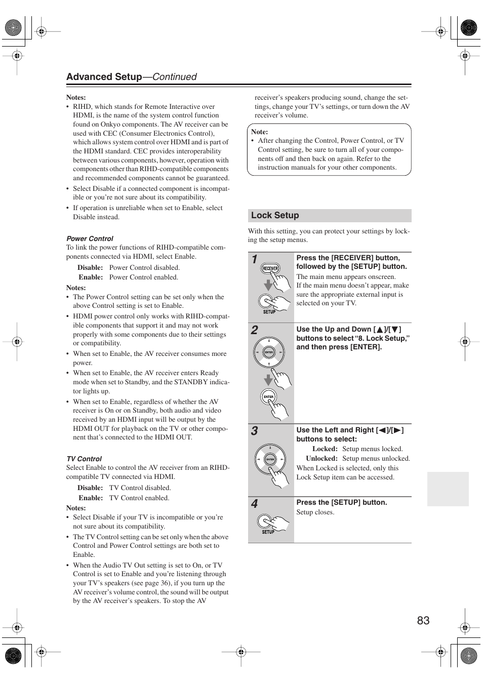 Lock setup, Advanced setup —continued | Onkyo HT-S6100 User Manual | Page 83 / 100