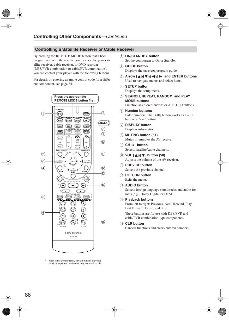 Controlling a satellite receiver or cable receiver, Controlling a satellite receiver or cable, Receiver | Controlling other components —continued | Onkyo HT-S6100 User Manual | Page 88 / 100