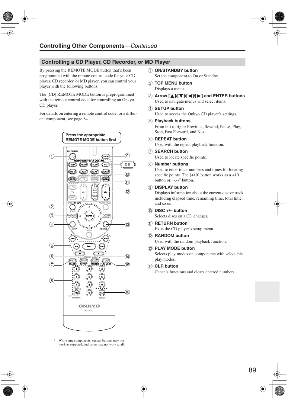 Controlling a cd player, cd recorder, or md player, Controlling a cd player, cd recorder, Or md player | Controlling other components —continued | Onkyo HT-S6100 User Manual | Page 89 / 100