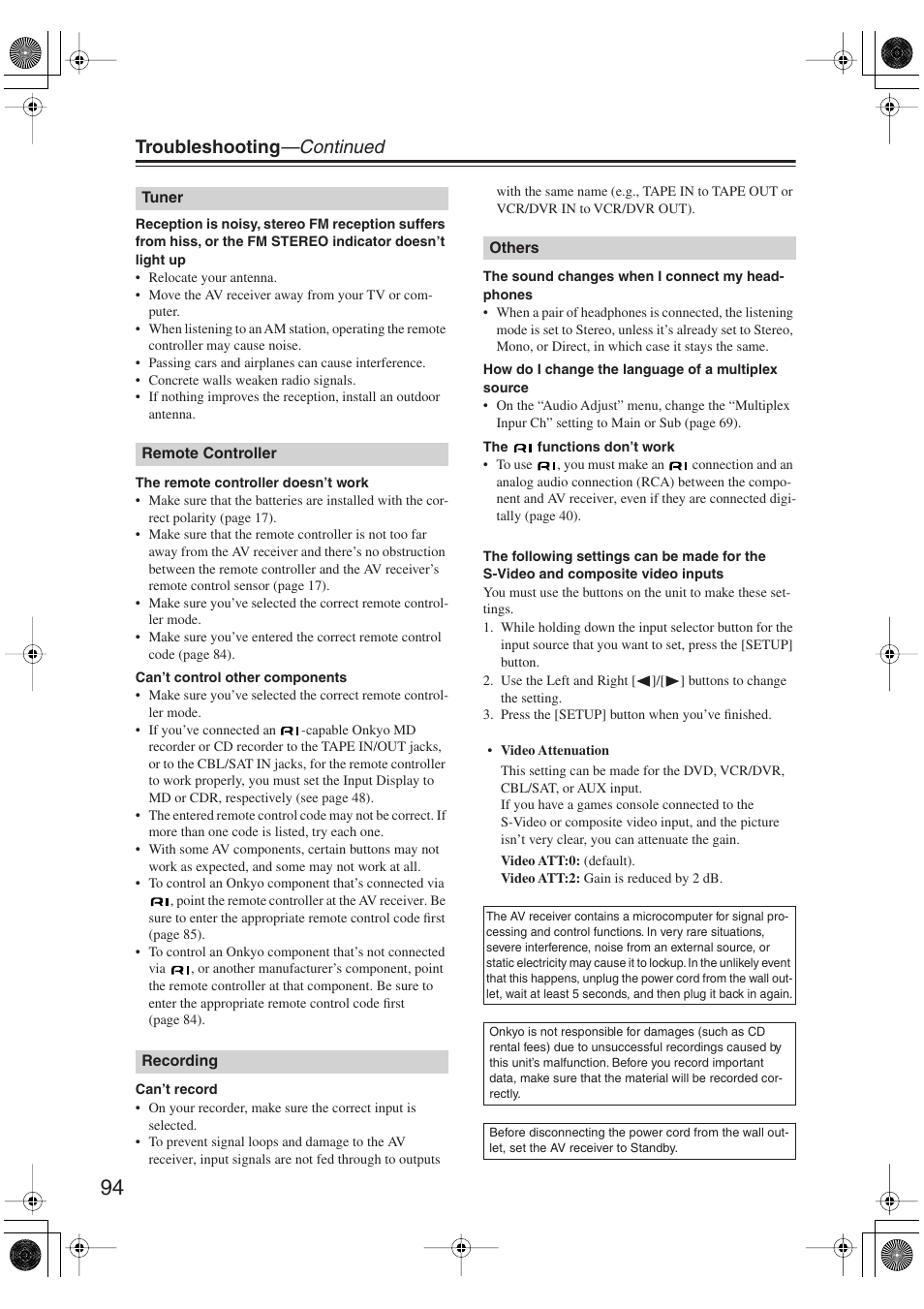 Troubleshooting —continued | Onkyo HT-S6100 User Manual | Page 94 / 100