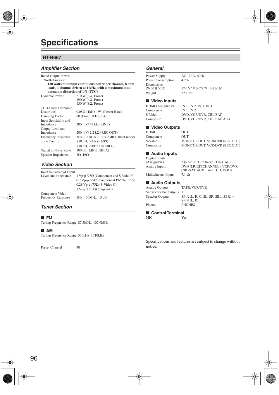 Specifications | Onkyo HT-S6100 User Manual | Page 96 / 100