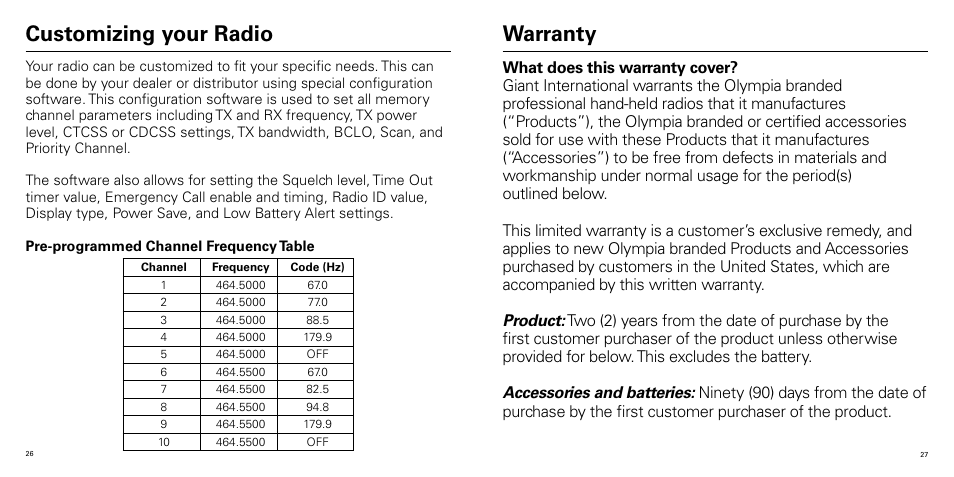 Customizing your radio, Warranty | Olympia P324 User Manual | Page 14 / 17