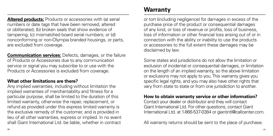 Warranty | Olympia P324 User Manual | Page 16 / 17