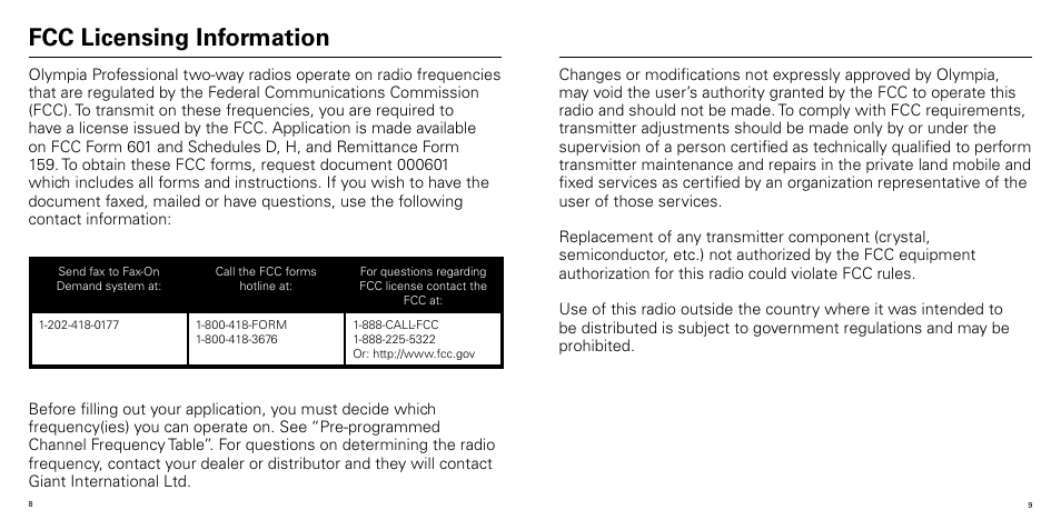 Fcc licensing information | Olympia P324 User Manual | Page 5 / 17