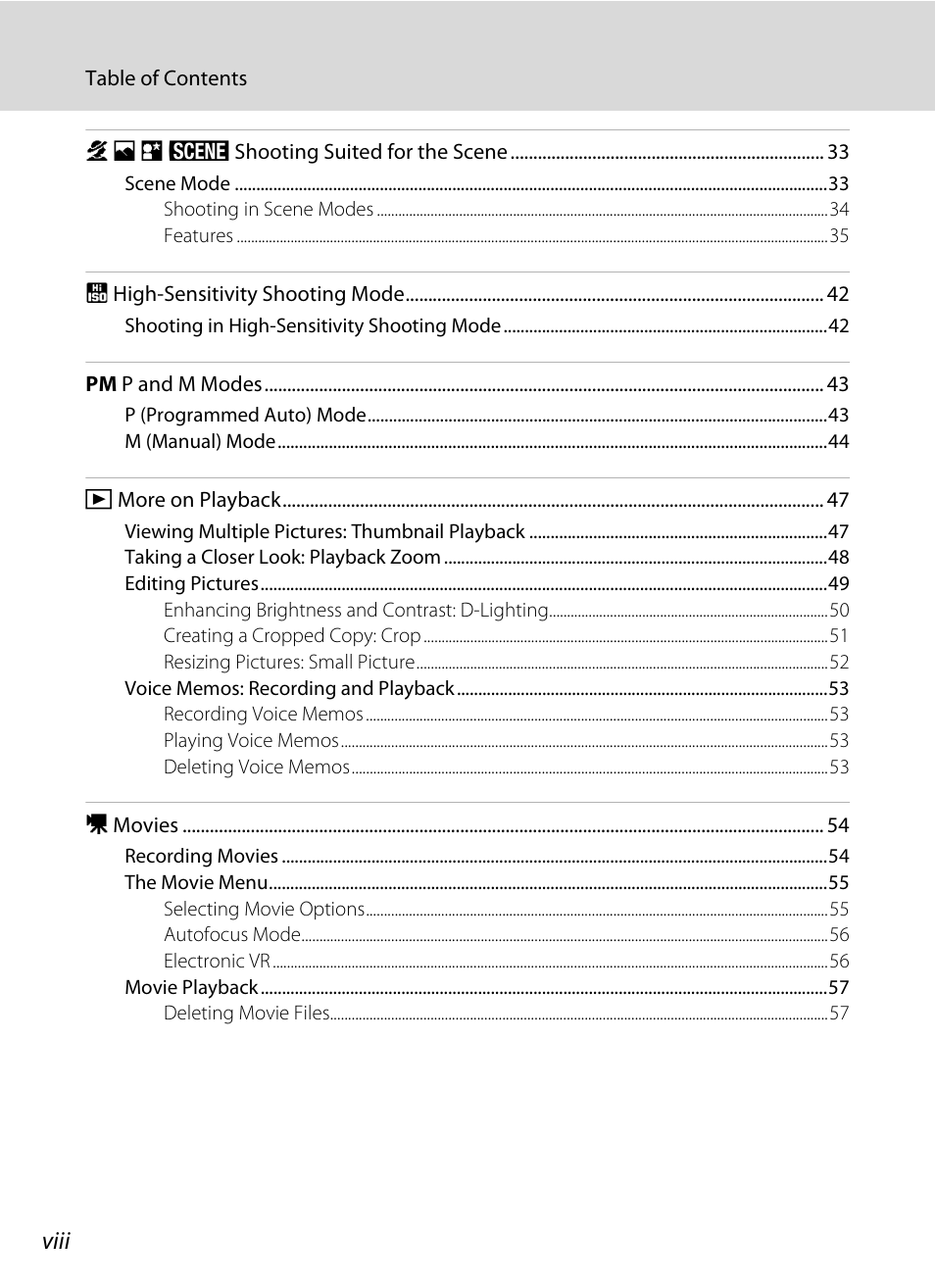 Viii | Nikon P60 User Manual | Page 10 / 144