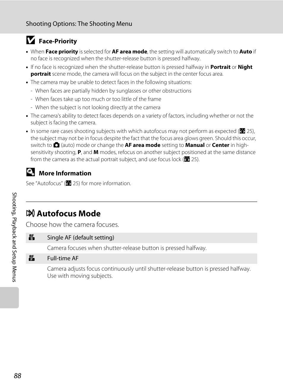 Autofocus mode, I autofocus mode, A 88 | Nikon P60 User Manual | Page 100 / 144