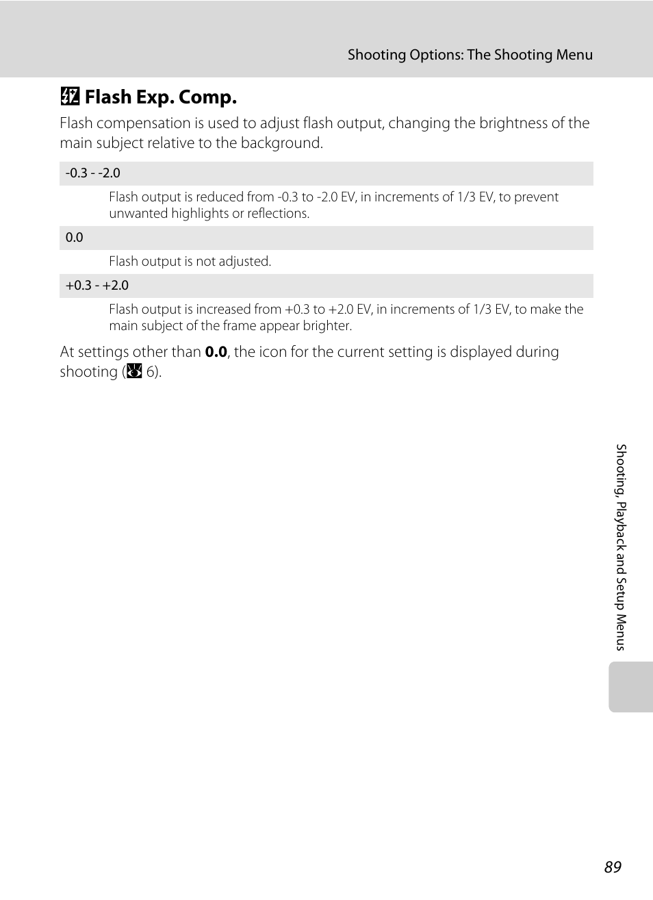 Flash exp. comp, J flash exp. comp, A 89 | Nikon P60 User Manual | Page 101 / 144