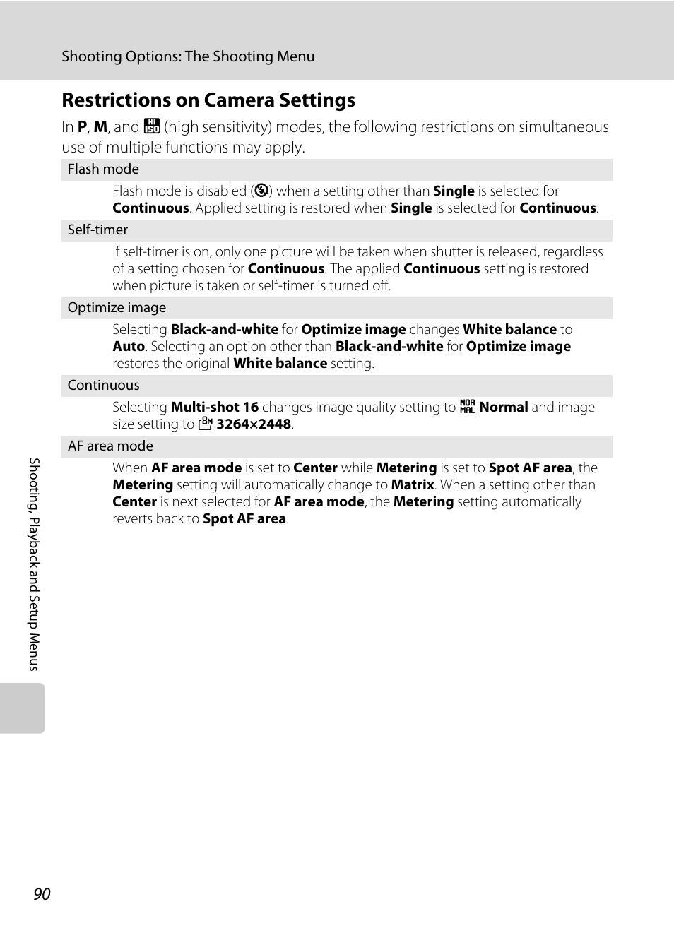 Restrictions on camera settings, A 90 | Nikon P60 User Manual | Page 102 / 144