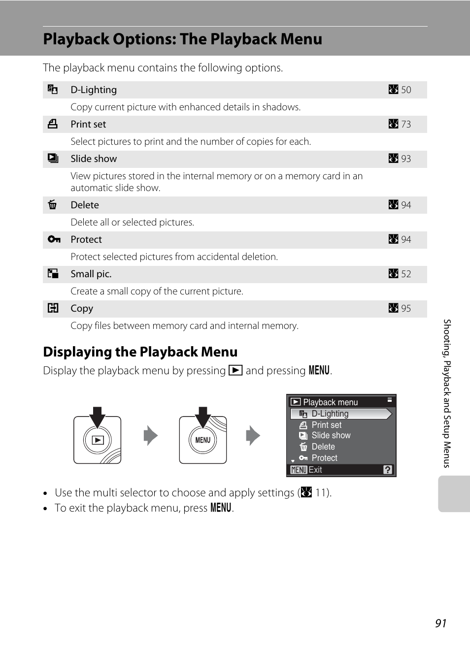 Playback options: the playback menu, Displaying the playback menu | Nikon P60 User Manual | Page 103 / 144