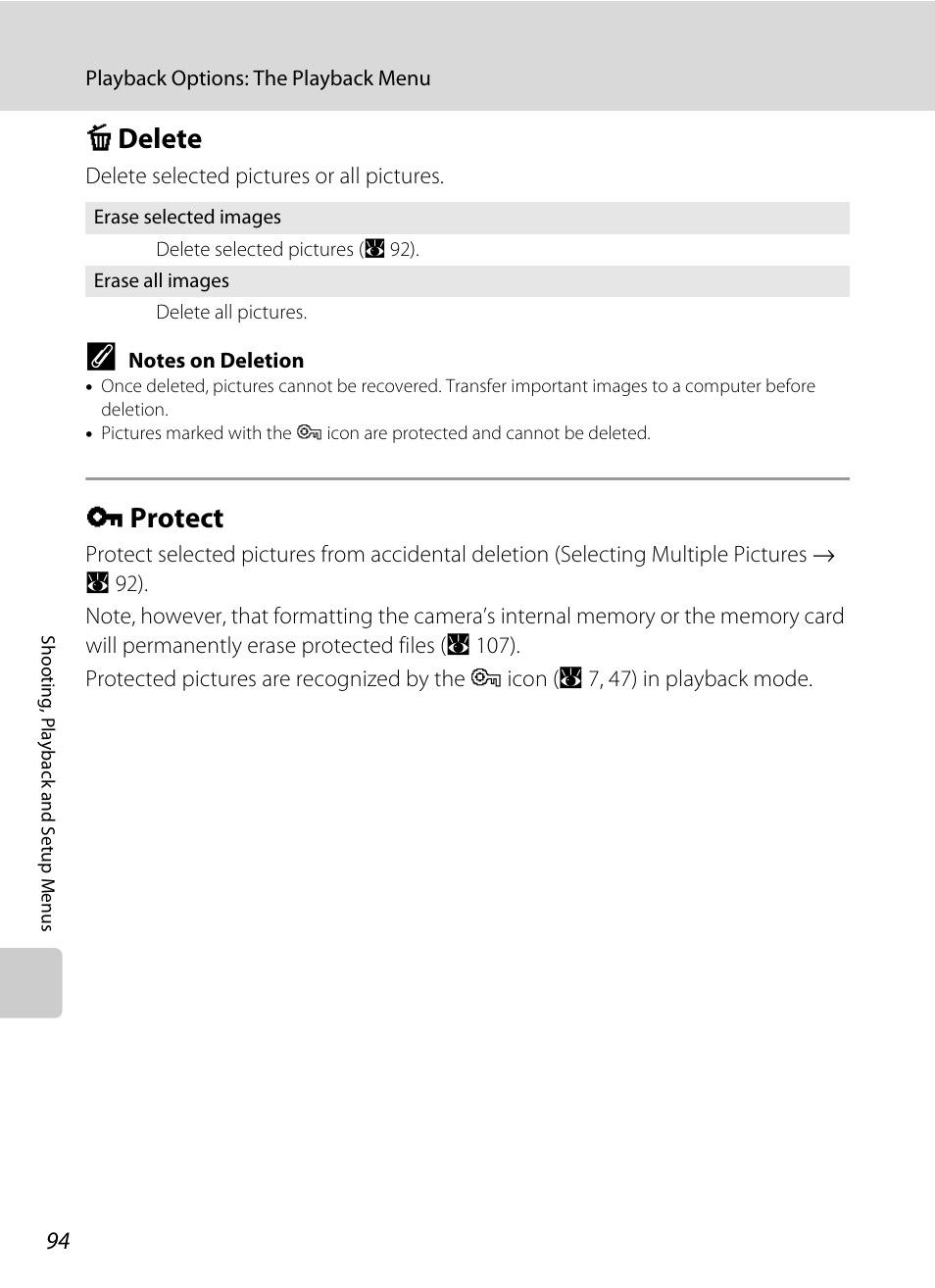 Delete, Protect, C delete d protect | A 94) are, Ting (a 94), A 94, A 94), C delete, D protect | Nikon P60 User Manual | Page 106 / 144