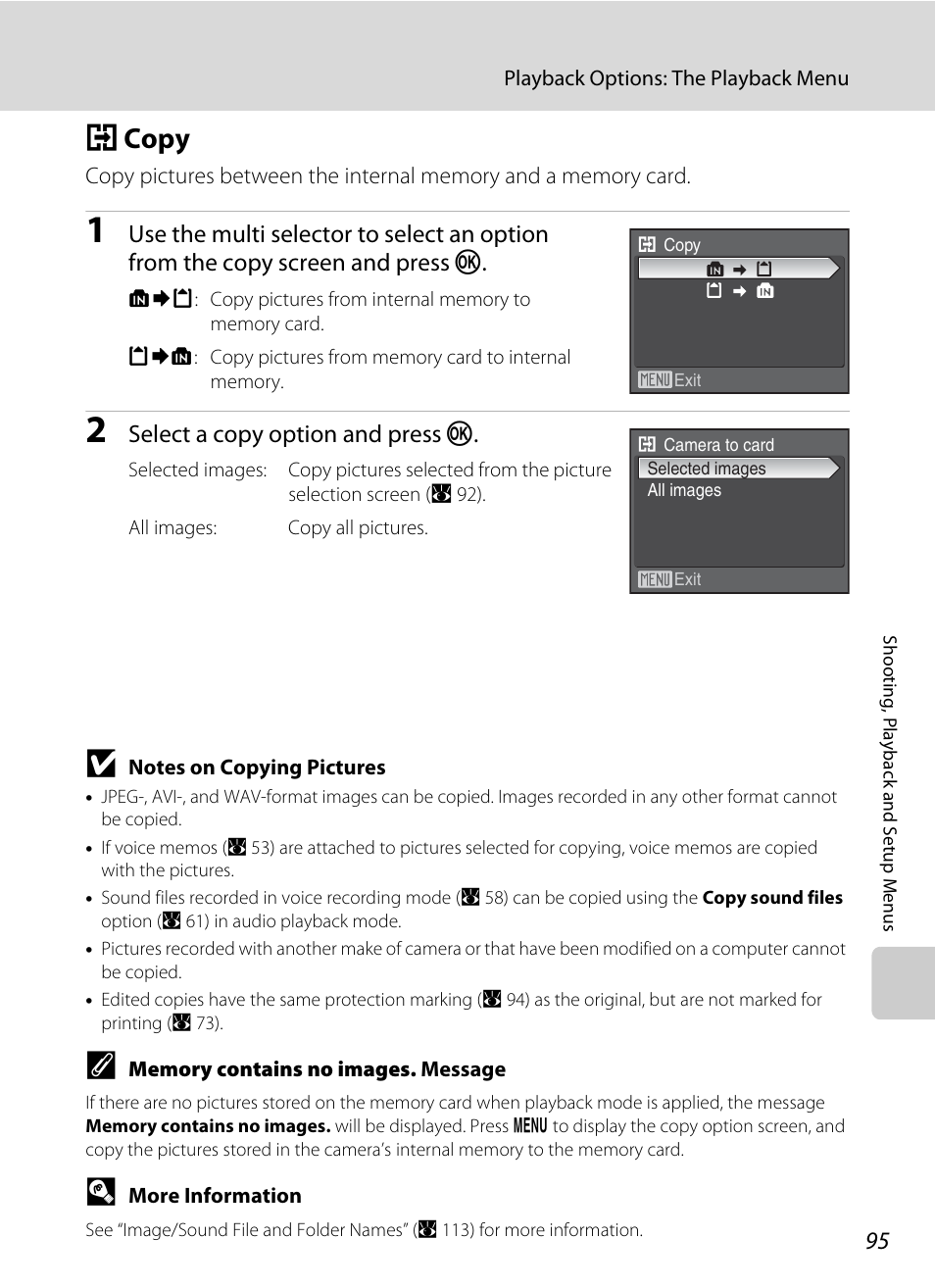 Copy, H copy, A 95 | Select a copy option and press k | Nikon P60 User Manual | Page 107 / 144