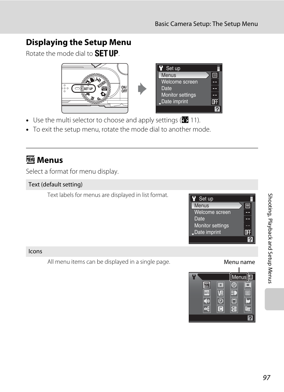 Displaying the setup menu, Menus, Displaying the setup menu a menus | A 97, A menus | Nikon P60 User Manual | Page 109 / 144